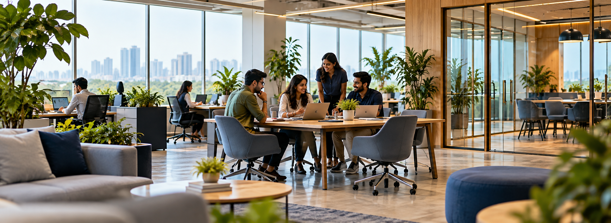 Illustrative modern office with colleagues collaborating